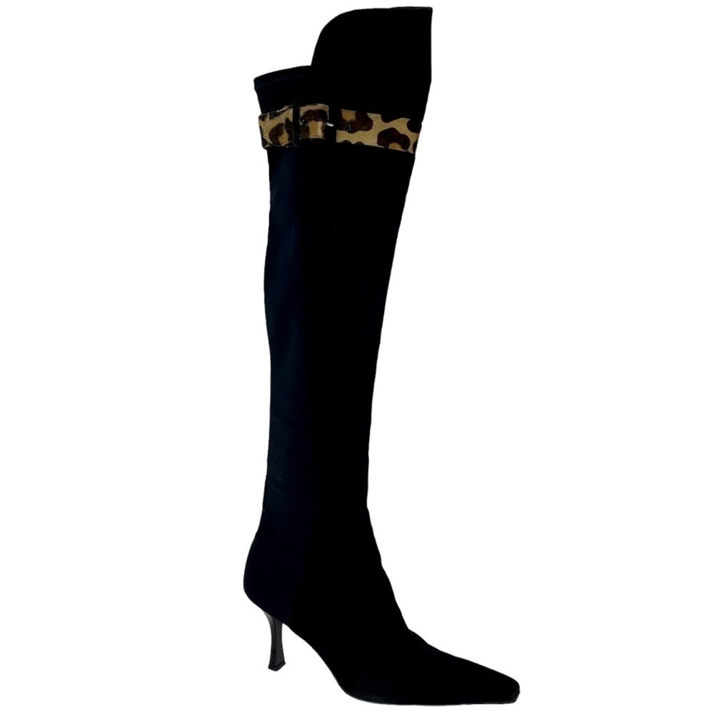 Stuart Weitzman Black Knee-High Boots with Leopard Print Accents